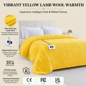 Custom Yellow Ribbed Faux Fur Electric Blanket 72×84 Inch Twin Queen Size Digital LED Control Auto-Off Warm