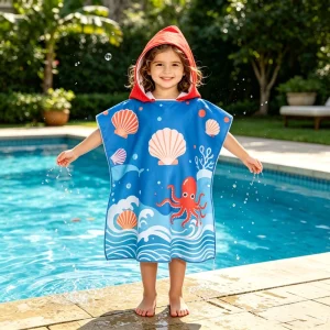Custom logo Kids Reusable Eco Friendly Wearable Outdoor Microfiber Hooded Poncho Towel Quick Dry Ultra Soft Hooded Beach Towel