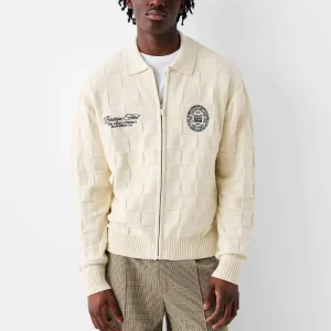 Custom logo Men Long Sleeve Cotton Zip up Embroidered Textured Polo Knit Cardigan