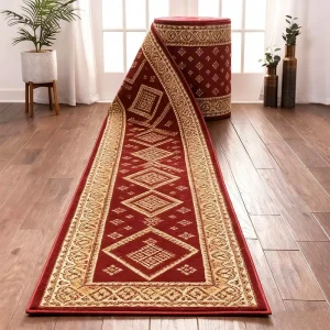 Customised Golden Red Rugs for Hallway Printed Soft Machine Washable and Anti slip Hallway Runner Rug