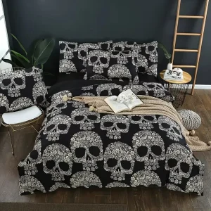 Customizable 4 Piece King Size Skull Print Duvet Cover Set Soft and Comfortable for Bedroom Guest Room