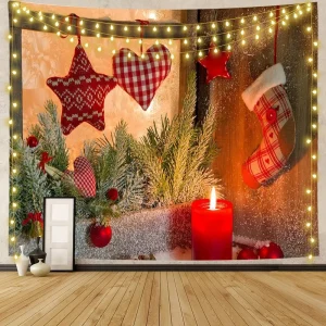 Customizable Christmas Fireplace Tapestry Decorative Polyester Bedside Backdrop Hanging Wall Hanging Machine Washable Home