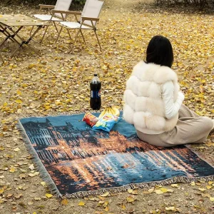 Customizable Chunky Throw City Night Pattern Warp Jacquard Woven Polyester Cotton Four Seasons Use Tassel Edge Blanket