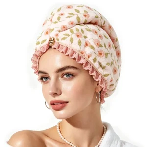 Customizable Coral Fleece Floral Lace Triangle Dry Hair Turban 25x65cm Soft & Comfortable Highly Absorbent for Home & Hotel Use