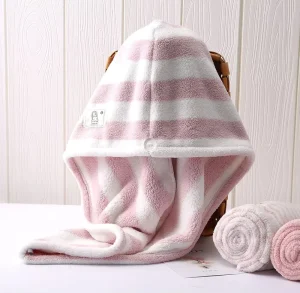Customizable Coral Velvet Striped Unisex Hair Drying Cap No Blowing Quick drying Adult Long Hair Bath Cap Hair Drying Towel
