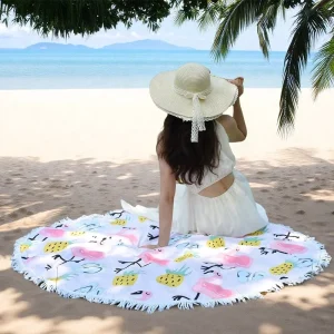 Customizable Flamingo Print Round Beach Towel with Tassels Premium Quality for Beach Use