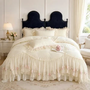 Customizable Princess Style Bedding Set OEM ODM Service Cream Ruffle Duvet Cover with Bed Skirt