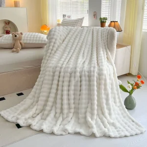 Customizable Super Ultra Soft Warm Bubble Double Sided Reversible Plush Faux Fur Rabbit Throw Blanket for Bed Sofa Cover