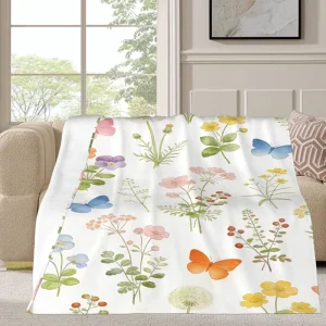 Customizable Watercolor Wildflower Butterfly Print 100% Polyester Flannel Blanket Soft Warm Throw Portable Modern Home Decor