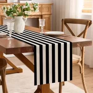 Customizable Woven 100% Polyester Geometric Stripe Printed Home Table Runner Black and White Stripes Oilproof