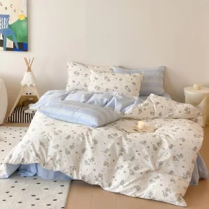 Customized 100% Cotton Jet Woven 13070T Duvet Cover Set Fresh Floral AB Side Striped Solid Reversible Cotton Home Bedding Set
