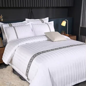 Customized 100% Cotton Stripe Duvet Cover Set Hotel Quality 60s Embroidered Logo Bed Sheet & Pillowcase Flat Sheet Bedding Set
