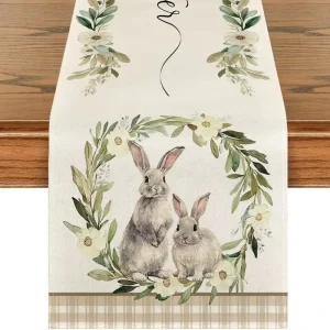 Customized 13×72 Inch Spring Easter Bunny Wreath Pattern Linen Fabric Table Runner