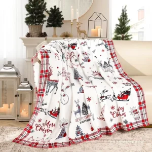 Customized Christmas Reindeer Print Woven Super Soft Flannel Blanket Winter Warmth Rug Holiday Decorative Sofa Rug