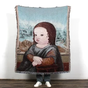 Customized Cute Mona Lisa Jacquard 35% Cotton 65% Polyester Tapestry with Tassel Decorative Woven Throw Blanket