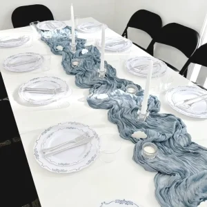 Customized Gauze Wedding Table Runner 108 Inch Cheesecloth Dusty Blue for Wedding Reception