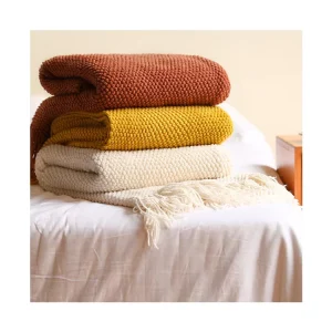 Customized Logo Super Soft Sofa Bed Solid Color Checkered Textured Tassel Acrylic Knitted Throw Blankets for Home Decor