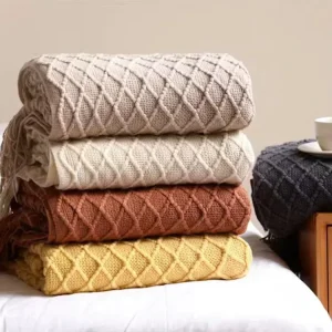 Customized Luxury Jacquard Knit Throw Blankets 100% Acrylic Chunky Diamond Design Throw Blanket with Fringes
