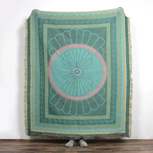 Customized Modern Green Floral Character Design Soft Throw with Tassel Recycled Cotton Tapestry Jacquard Woven Blanket