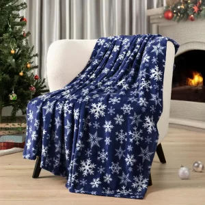 Customized Navy Blue Red Snowflake Winter Warm Christmas Throw Blanket for Holiday Home Decor