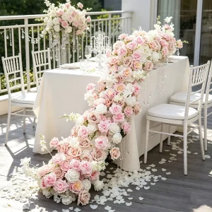 Customized Silk Artificial Table Runner Hot Pink Flower Runner with Greenery for Wedding Table Decoration