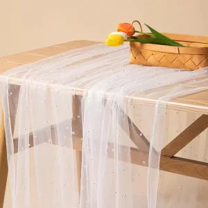 Customized Size Pearl Sheer Chiffon Lace Table Runner for Dining Holiday Birthday Baby Shower Wedding Table Decor