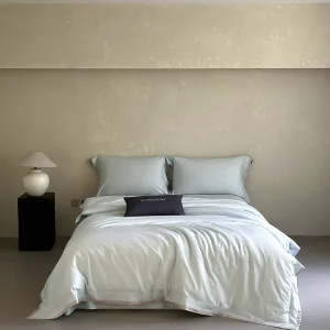 Customized Solid Color Lyocell Cotton Blue Duvet Cover and Pillow Case Set Fitted Sheet for Home Use Twin Size Bedding Set