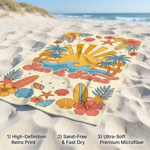 Customized Sun & Sand Tropical Retro Print Sand Free Fast Dry Ultra Soft Premium Microfiber Beach Towel Custom Print