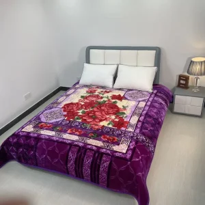 Customized Super Thick Sherpa Raschel Blanket with Red Flower Pattern Soft Warm Embossed Purple Design for Bed Use All Season