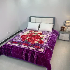 Customized Super Thick Sherpa Raschel Blanket with Red Flower Pattern Soft Warm Embossed Purple Design for Bedding