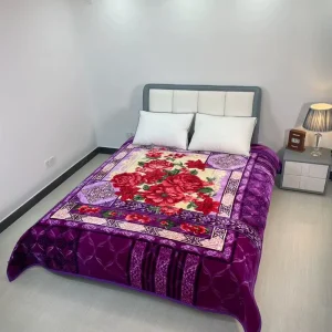 Customized Thicken Sherpa Raschel Blanket with Red Flower Pattern Soft Warm Embossed Purple Design for Bed Use All Season
