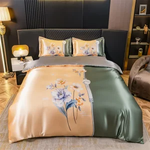 Customized Washable Oversized Ice Silk 4pcs Home Textile Plant Printed Duvet Cover Breathable Bed Sheet Fitted Sheet Bedding Set