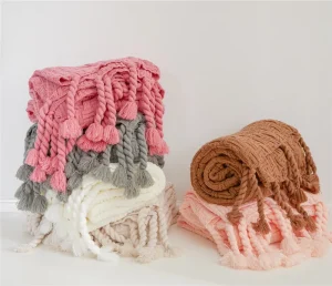 Customom 100% Acrylic Crochet Braided Tassels on Both Sides Knitted Throw Cotton Pompon Knit Blanket Modern Aml