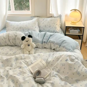 Cute Bear 100% Cotton Duvet Cover Set Skin Friendly Breathable Machine Washable Available with Flat Sheet or Fitted Sheet