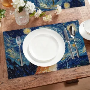 Cute Cat Cloth Placemats Blue Starry Sky Heat Resistant for Dining Room Table Decor Home Restaurant Cafes Holiday Party
