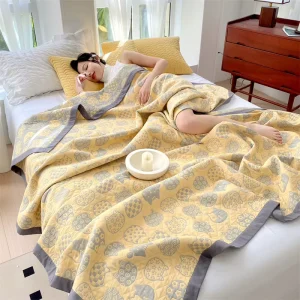 Cute Cat Print Cotton Gauze Throw Blanket Lightweight Summer Bed Cover with Quilted Texture for Home Sofa Dorm Gift