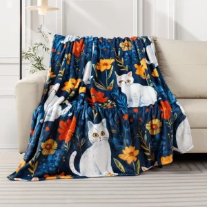 Cute Cat Throw Blanket Colorful Floral Wildflower Bed Blanket Flower Cat Print Super Soft Flannel Fleece Throw Blanket for Cat