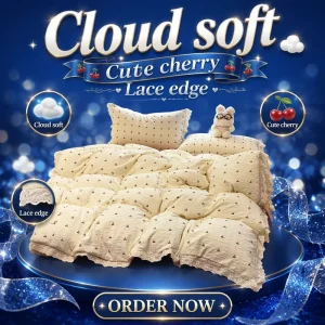 Cute Cherry Jacquard Woven Duvet Cover Set Cloud Soft Lace Edge Princess Microfiber Bedding Set Home Bedroom Decor