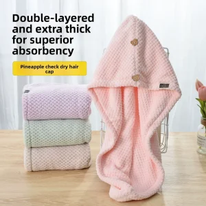 Cute Coral Fleece Plush Pineapple Weave Bear Buckle Solid Color Quick Drying Antibacterial Dry Hair Cap Double