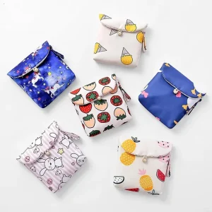 Cute Cotton Small Tissue Carry Bag for Women with Button and Customized Cartoon Printing