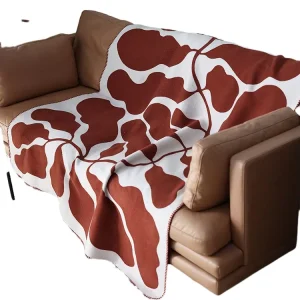 Cute Cow Jacquard Raschel Blanket Lightweight Quilt with Lovely Leaves Knitted Throw for Bed or Couch Spotted Design
