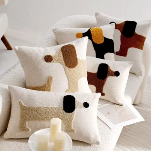Cute Dachshund Tufted Throw Pillow Cover Soft Plush Decorative Cushion Cover with Dog Pattern Modern Minimalist Beige