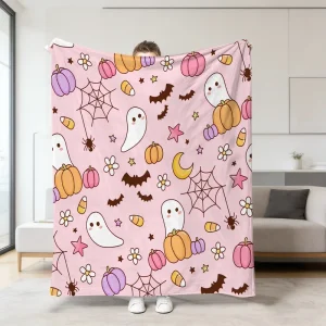 Cute Ghost Pumpkin Fall Halloween Print Plush Blanket Soft Flannel Throw Bed Sofa Cover Room Decor Nap Blanket Holiday Gift