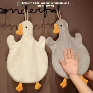 Cute Goose Hanging Hand Towel Super Absorbent Coral Fleece Kitchen Bath Towel Cartoon Animal Washcloth