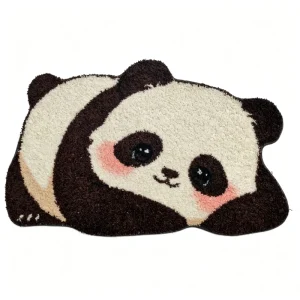 Cute Panda Design Polyester Bath Mats Modern Loop Pile Door Mat with Absorbent Feature Fuzzy Animal Print Bathroom Accessory