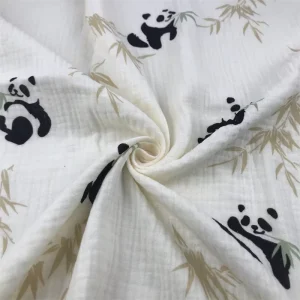 Cute Panda Print 99% Polyester +1% Conductive Filament Combed Bubble Woven Double Crepe Garment Class Muslin Fabric for Girls