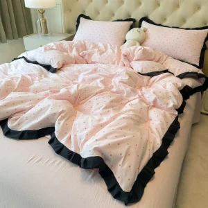 Cute Polka Dot Washed Cotton Bedding Set Double Gauze Fabric with Black Ruffle Edge Breathable Machine Washable Bed Linen