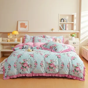 Cute Printed Milk Velvet Bedding Set Ruffle Edge 4 Piece Warm Cozy Bed Sheet Set for Winter