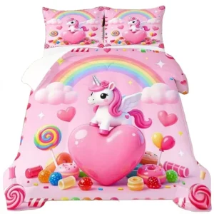 Cute Rainbow Candy Unicorn Fluffy Quilted Synthetic Fiber Feather Silk Cotton Filling Comforter Set Duvet Pillowcase