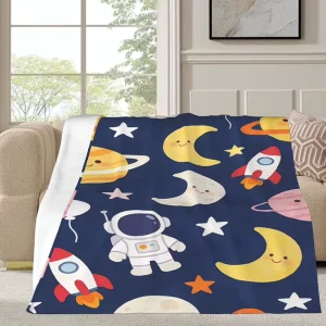 Cute Space Astronaut Print Polyester Throw Blanket Soft Warm Custom Size Color All Season Portable Folded Design for Bedroom